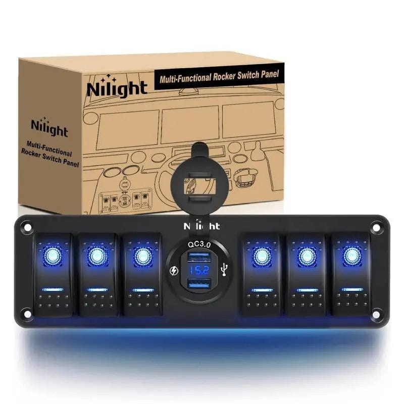Nilight 90185G — 6 Gang Rocker Switch 12V SPST ON Off Switch QC 3.0 USB Charger Voltmeter Waterproof Aluminum Rocker Switch Panel Night Glow Stickers