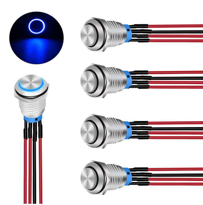 Nilight 16mm Push Button Switch 5PCS with Pre Wired Harness 12V 24V Stainless Steel Self Locking Latching LED Round Switches SPDT 4Pin - Nilight 90253B-A