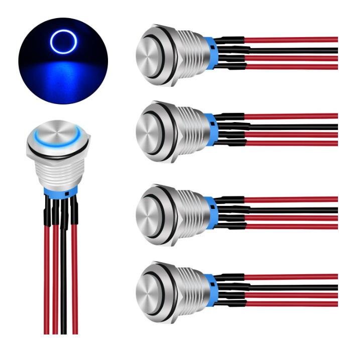 Nilight 19mm Push Button Switch 5PCS with Pre Wired Harness 12V 24V Stainless Steel Self Locking Latching LED Round Switches SPDT 4Pin - Nilight 90254B-A