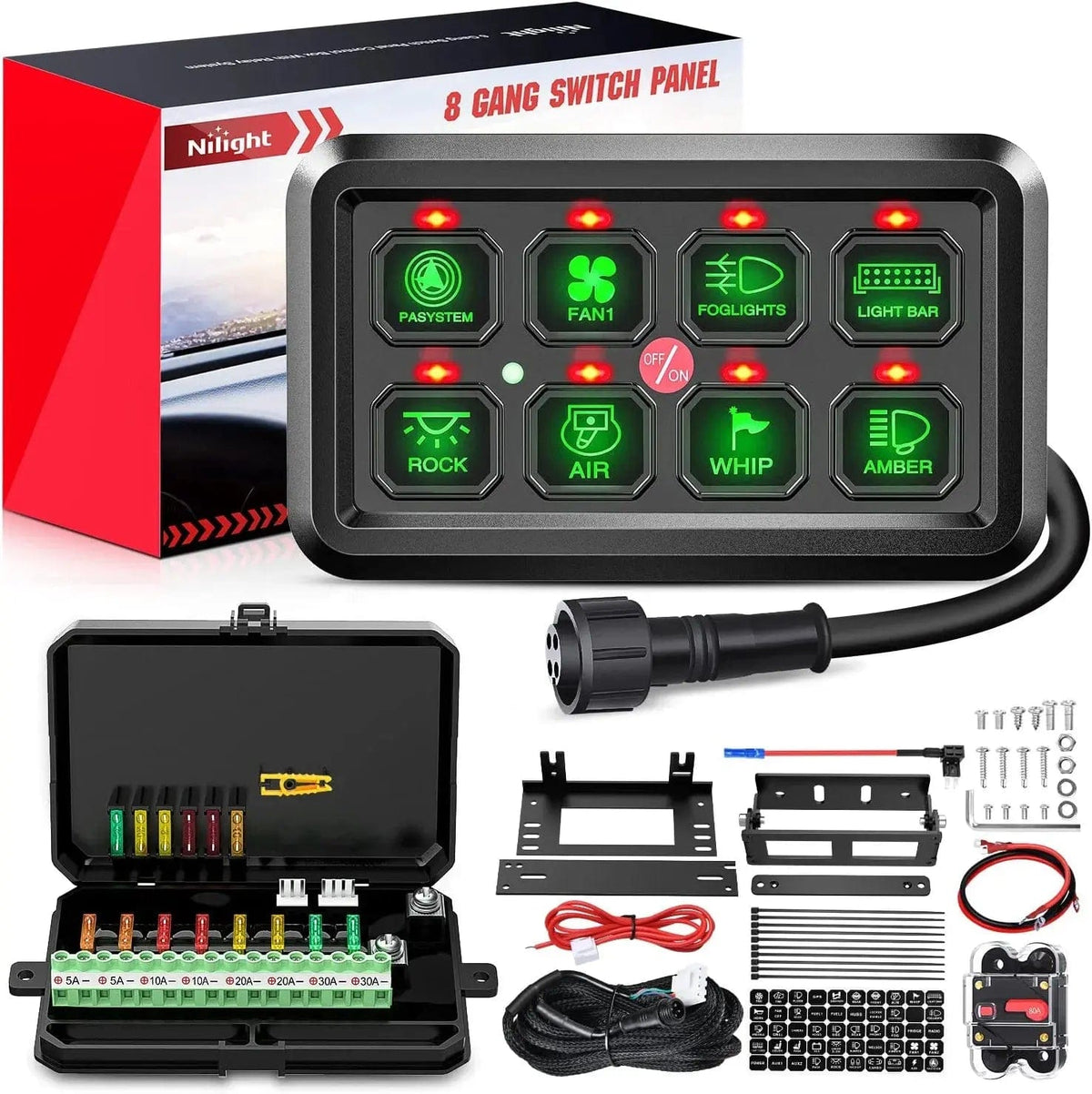 Nilight 90287H — 8 Gang Switch Panel System Circuit Control Relay System Fuse Wiring Harness Automatic Dimmable ON Off LED Switch Pod