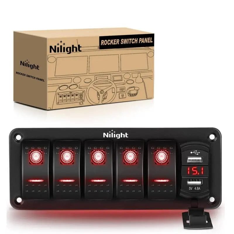 Nilight Red 5-Gang Switch Panel with Dual USB Charger and Voltmeter