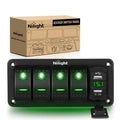 Nilight 90307G-E — 4 Gang Rocker Switch Panel Green Backlit with 4.8 Amp Dual USB Charger Voltmeter Waterproof 12V 24V DC Rocker Switch with Night Glow Stickers