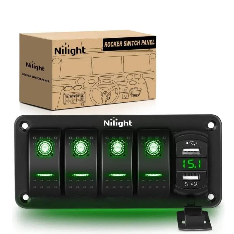 Nilight 90307G-E — 4 Gang Rocker Switch Panel Green Backlit with 4.8 Amp Dual USB Charger Voltmeter Waterproof 12V 24V DC Rocker Switch with Night Glow Stickers