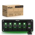 Nilight 90308G-F — 5 Gang Rocker Switch Panel Green Backlit with 4.8 Amp Dual USB Charger Voltmeter Waterproof 12V 24V DC Rocker Switch with Night Glow Stickers