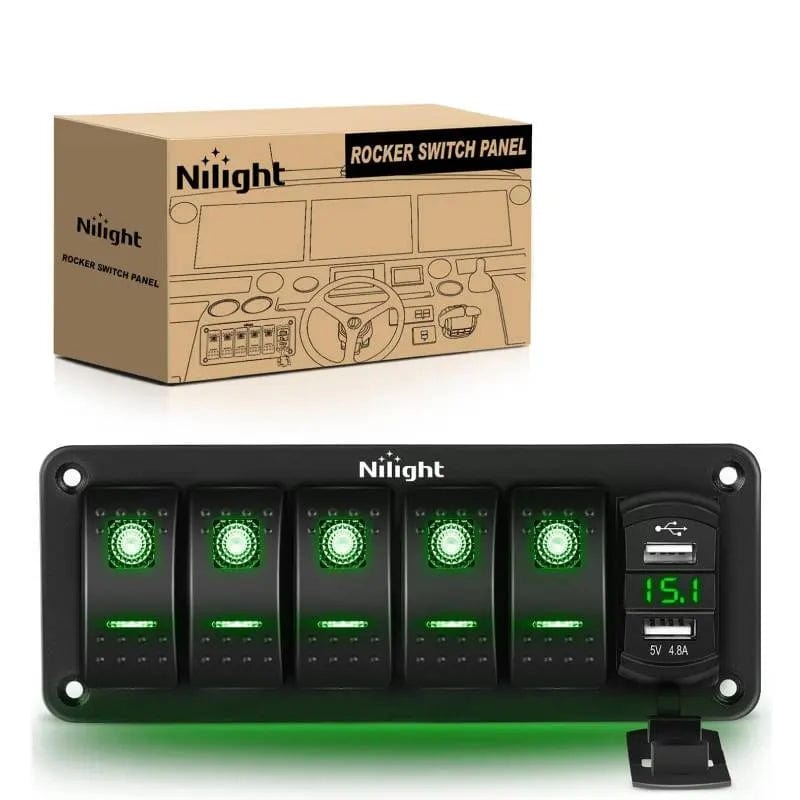 Nilight 90308G-F — 5 Gang Rocker Switch Panel Green Backlit with 4.8 Amp Dual USB Charger Voltmeter Waterproof 12V 24V DC Rocker Switch with Night Glow Stickers