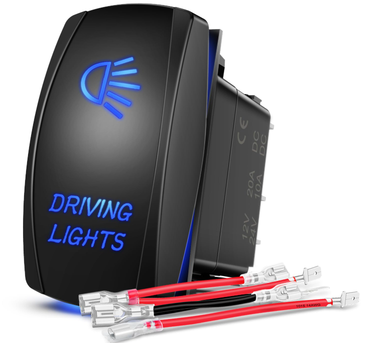 Rocker Switch Light Bar 5 Pin Laser On Off SPST Switches 20A/12V 10A/24V Blue with Jumper Wires Set - Nilight 90424B