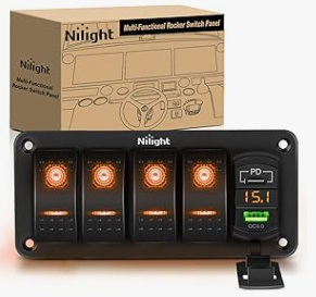 3 Gang Rocker Switch Panel with PD Type C and USB Charger Voltmeter 12V SPST ON Off Switch Panel with Orange Backlit Waterproof Aluminum Rocker Switch Panel - Nilight 90438A