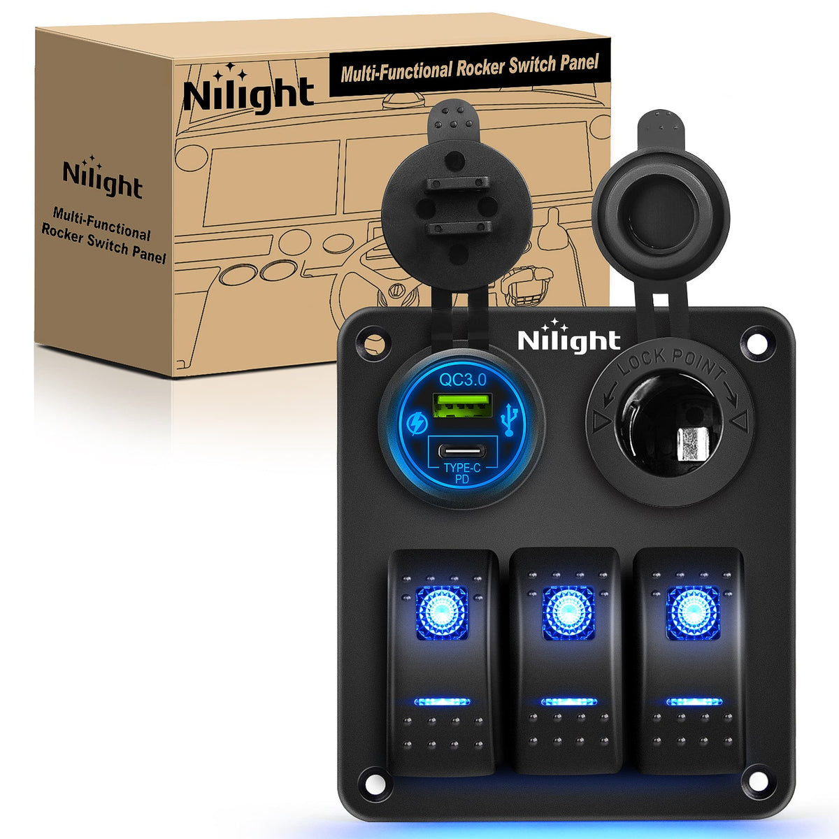 Nilight 3-Gang Switch Panel with USB-C, USB and Power Socket