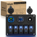 Nilight 90457B — 5 Gang Rocker Switch Panel Pre-Wired Aluminum Panel with PD Type C and USB Cigarette Lighter Socket Voltmeter 12V 24V