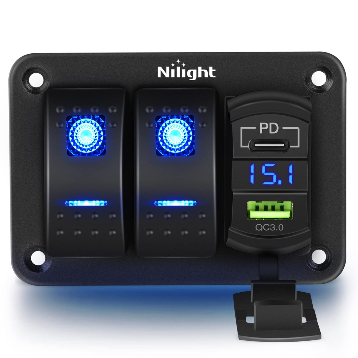Nilight 4 in 1 ON/Off Charger Socket Panel PD Type C and QC 3.0 USB Socket Power Outlet LED Voltmeter Cigarette Lighter Socket ON Off Rocker Toggle Switch for Truck Car Boats RV,2 Years Warranty - Nilight 90511B