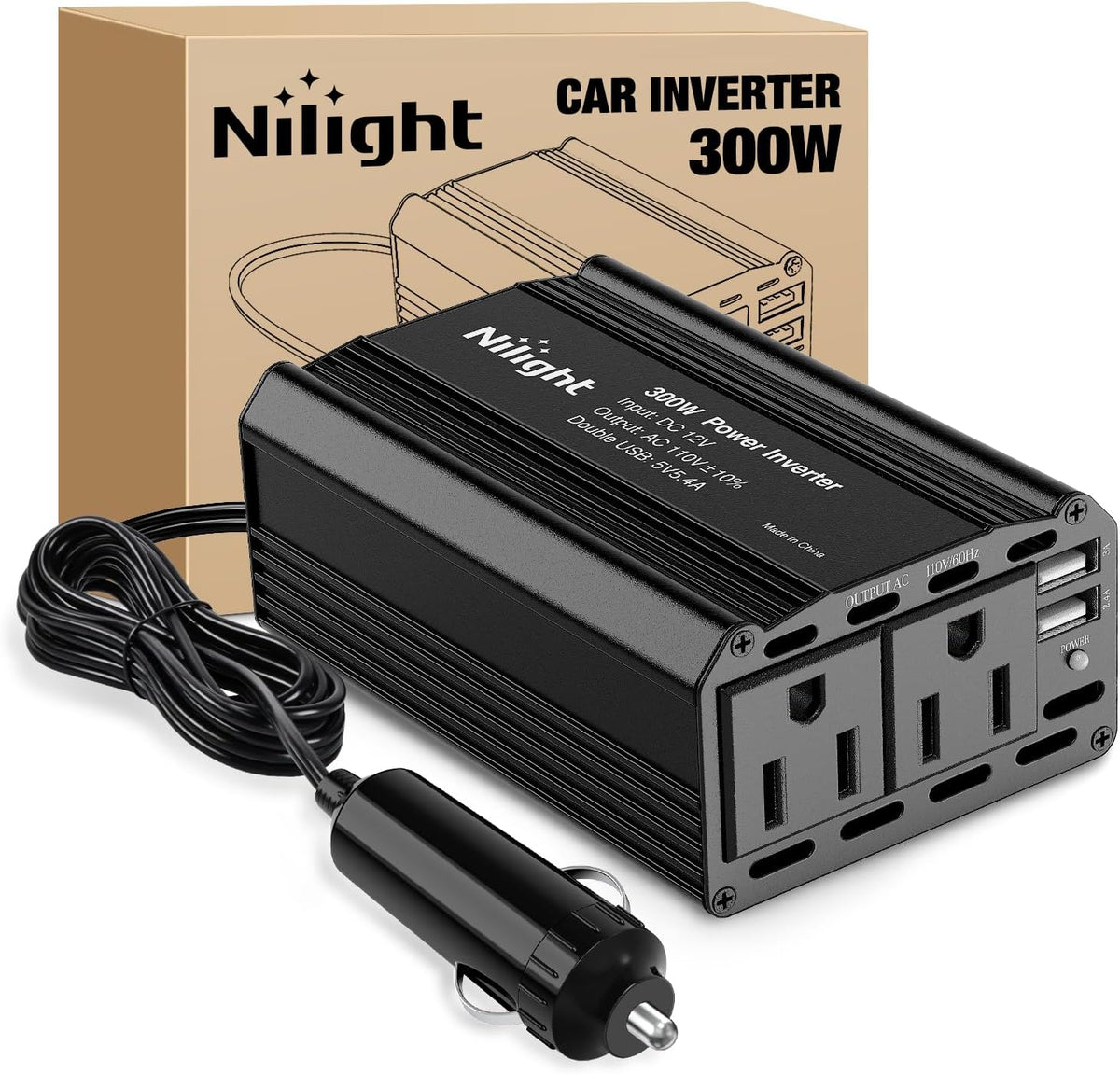 Nilight 90543A — 300W Power Inverter 12V DC to 110V AC Car Charger Converter with 5.4A Dual USB Ports and 2 AC Outlet