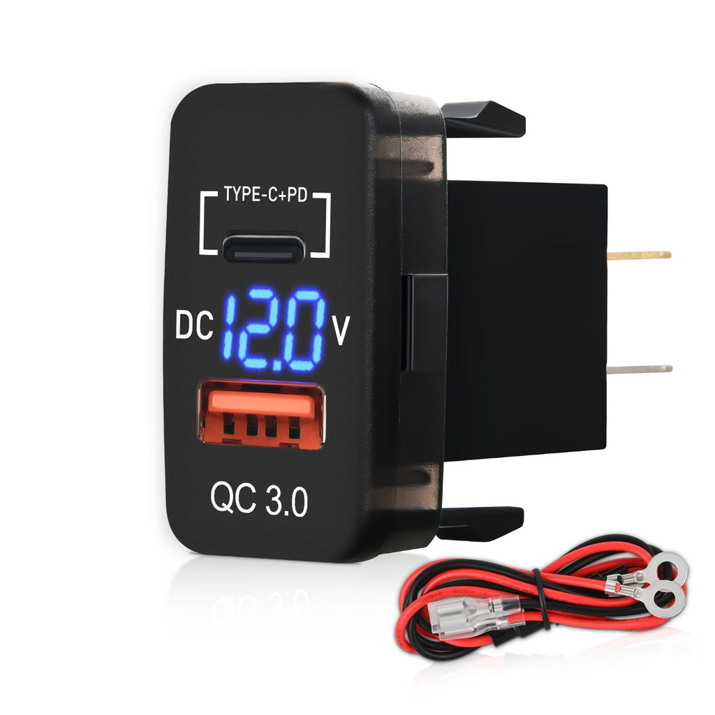 Nilight 90763B USB-C PD and QC 3.0 charger with blue voltmeter and fused wiring harness