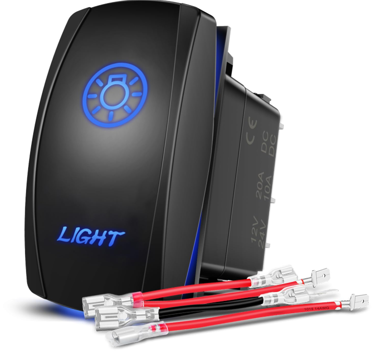 Acc Rocker Switch Led Light Bar 5 Pin Laser On Off SPST Switches 20A/12V 10A/24V Blue with Jumper Wires Set - Nilight 90786B