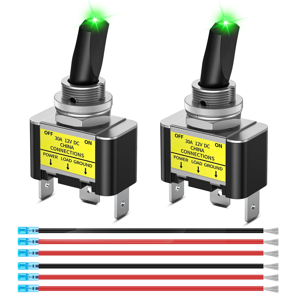 Nilight 90829A — 2PCS Green LED Toggle Switch 12V DC 30A 3 Pin On Off 2 Position Heavy Duty Rocker Switch with 14AWG Wire