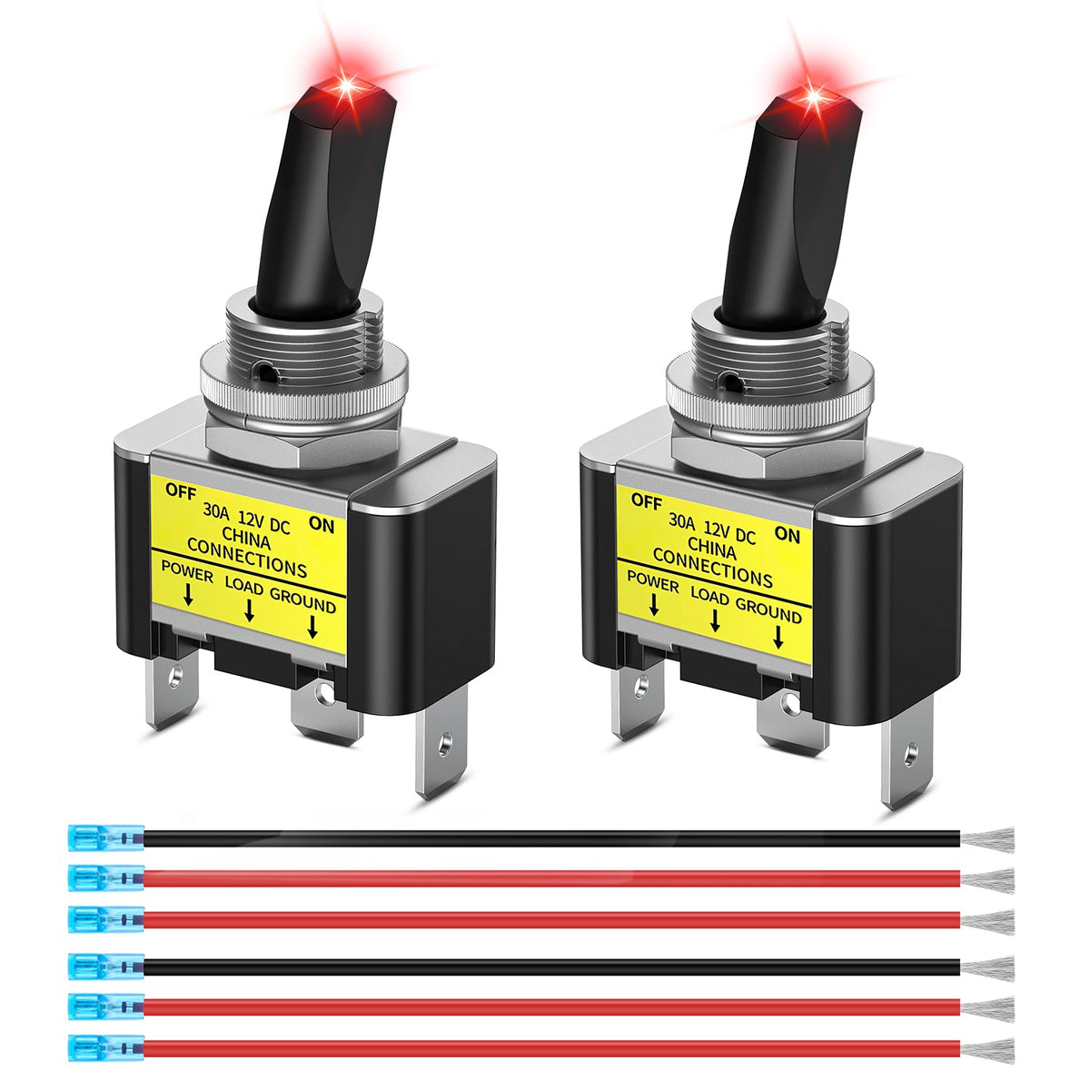Nilight 90830A — 2PCS Red LED Toggle Switch 12V DC 30A 3 Pin On Off 2 Position Heavy Duty Rocker Switch with 14AWG Wire