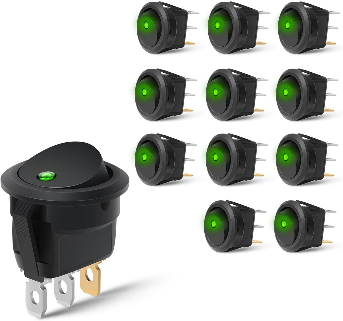 Nilight 90833A green LED round rocker switches, 12-pack