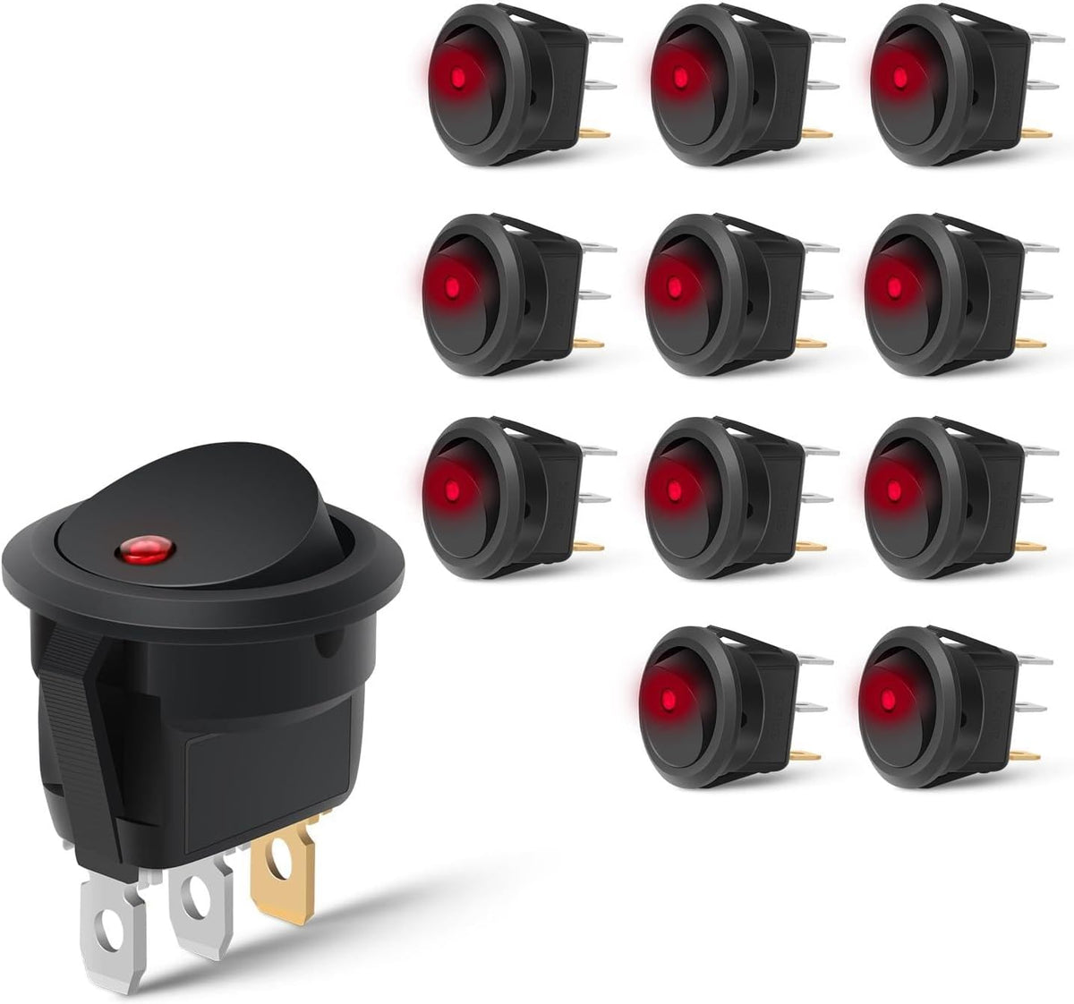 Nilight 90835A — 12PCS Round Rocker Switches 12V 24V 20A Red LED Toggle swtiches SPST 3 Pin 2 Position for Car Truck Vehicle Boat Marine Rocker On Off Control