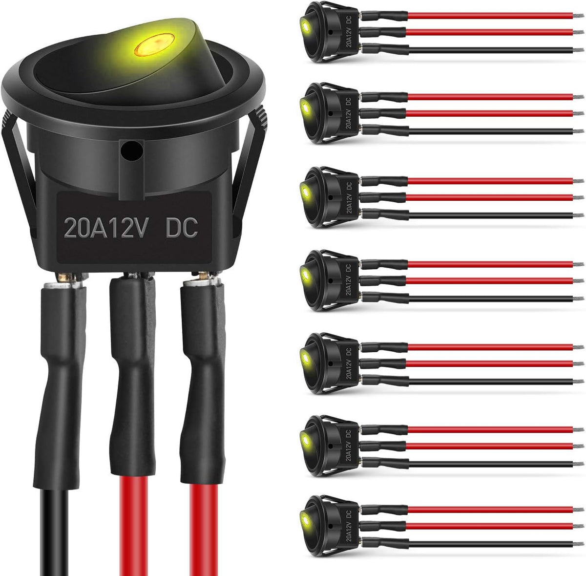 Nilight 90837A — 8PCS Round Rocker Switches 12V 24V 20A Yellow LED Toggle swtiches SPST with 16AWG Presoldered Wires 3Pin 2Position for Car Truck Vehicle Boat Marine Rocker On Off Control