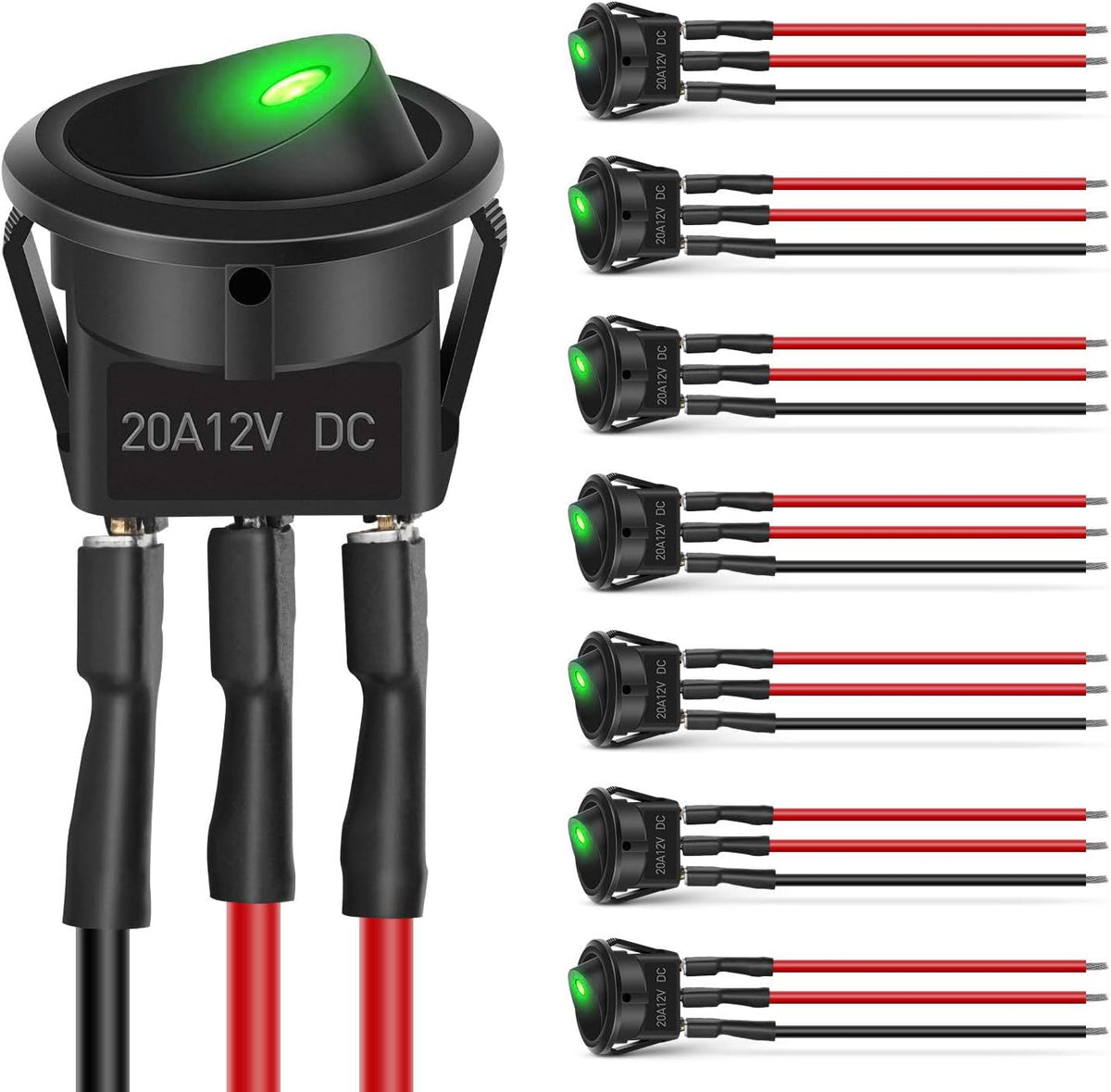 Nilight 90838A — 8PCS Round Rocker Switches 12V 24V 20A Green LED Toggle swtiches SPST with 16AWG Presoldered Wires 3Pin 2Position for Car Truck Vehicle Boat Marine Rocker On Off Control