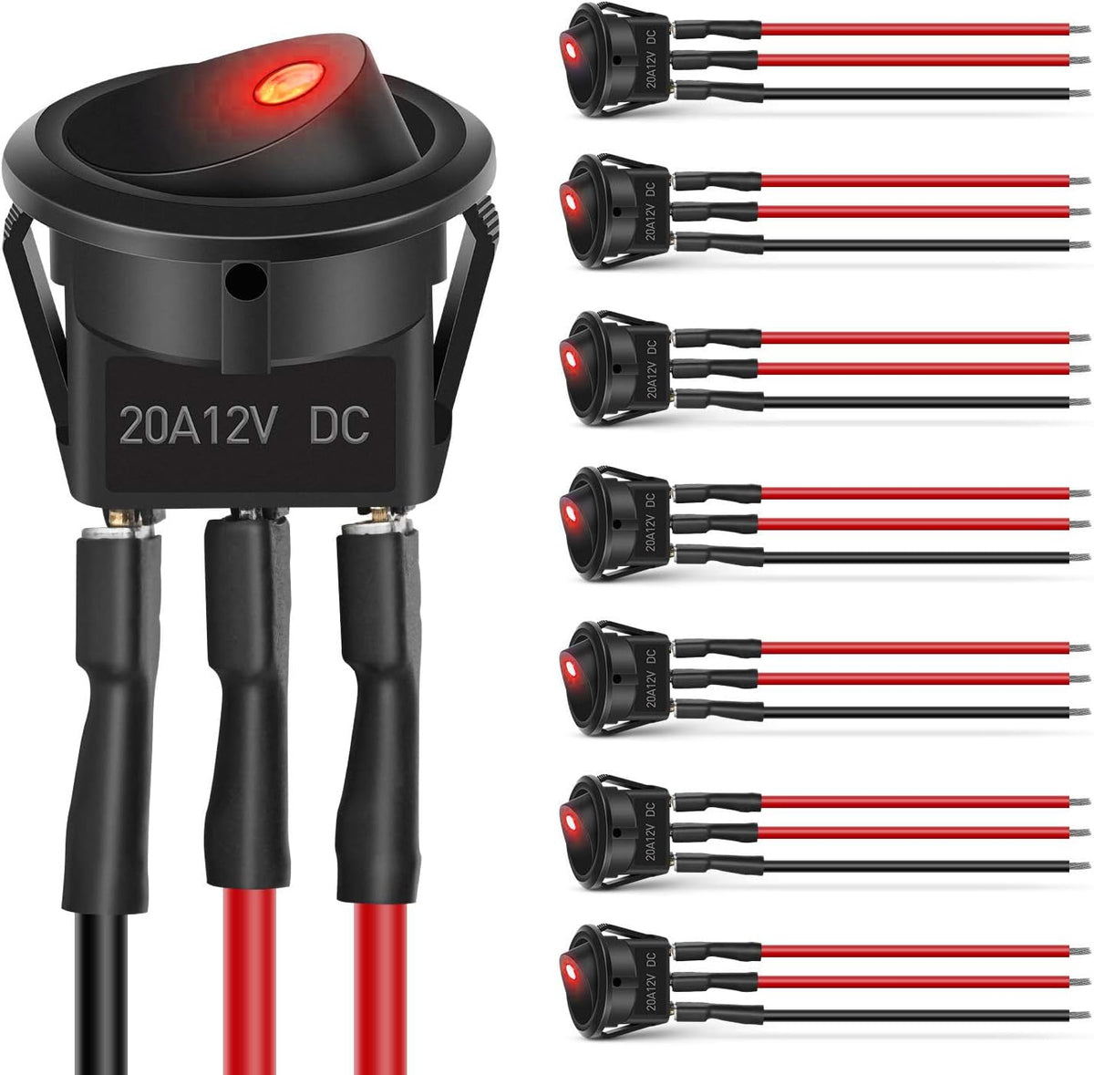 Nilight 90839A — 8PCS Round Rocker Switches 12V 24V 20A Red LED Toggle swtiches SPST with 16AWG Presoldered Wires 3Pin 2Position for Car Truck Vehicle Boat Marine Rocker On Off Control