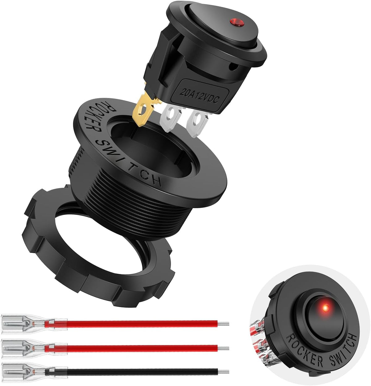 Nilight 90842A — 1PC Round Rocker Switch with Shell 12V 24V 20A Red LED Toggle swtich with 16AWG Wires SPST 3Pin 2 Position for Car Truck Vehicle Boat Marine Rocker On Off Control