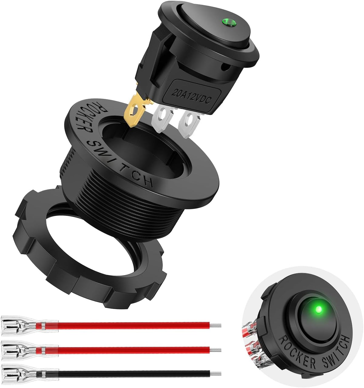 Nilight 90843A — 1PC Round Rocker Switch with Shell 12V 24V 20A Green LED Toggle swtich with 16AWG Wires SPST 3Pin 2 Position for Car Truck Vehicle Boat Marine Rocker On Off Control