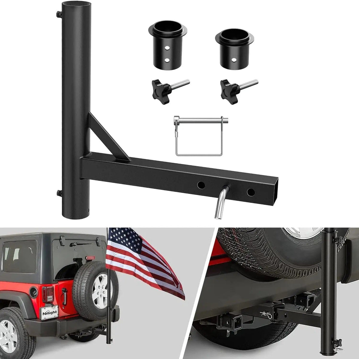 Nilight Hitch Mount Flagpole Holder for 2-Inch Receivers; manufacturer product and installation views