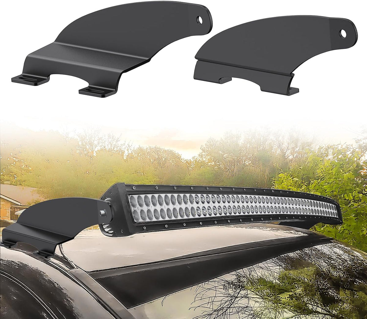 Nilight 52-Inch Curved Light Bar Brackets for Ram 1500/2500/3500; manufacturer product and installation views