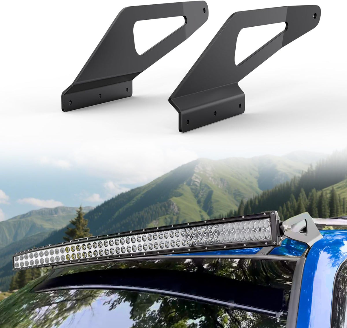 Nilight 50-Inch Light Bar Brackets for 1993–1998 Jeep Grand Cherokee ZJ; manufacturer product and installation views