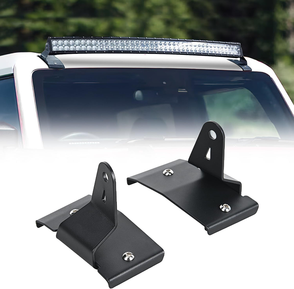 Nilight 42-Inch Curved Light Bar Brackets for 2021–2024 Ford Bronco; manufacturer product and installation views