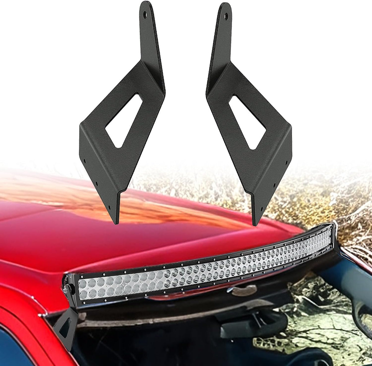 Nilight 54-Inch Curved Light Bar Brackets for 1999–2016 Ford Super Duty; manufacturer product and installation views