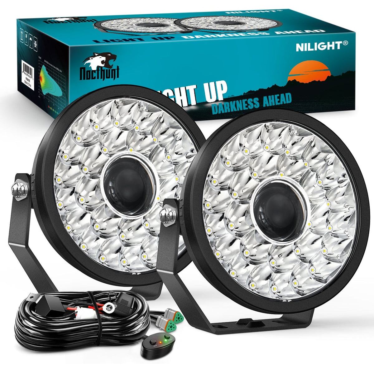 Nilight FN2418C — 9 Inch LED Offroad Driving Lights with DRL 2 PCS 160 W Round Hyper Spot Beam Offroad Light w/ 12 AWG DT Connector Wiring Harness Kit