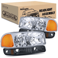 Nilight NA064 — Headlight Assembly Compatible for 1999 -2006 GMC Sierra Yukon, Smoke Bumper Light Chrome Housing Amber Corner Clear Lens, Headlights Assembly Replacement