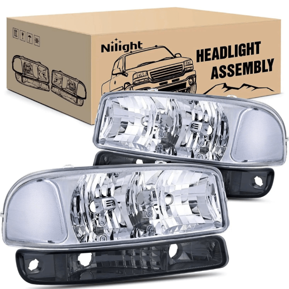 Nilight NA065 — Headlight Assembly Compatible for 1999 2000 2001 2002 2003 2004 2005 2006 GMC Sierra Yukon, Smoke Bumper Light Chrome Housing Clear Corner Clear Lens, Headlights Assembly Replacement