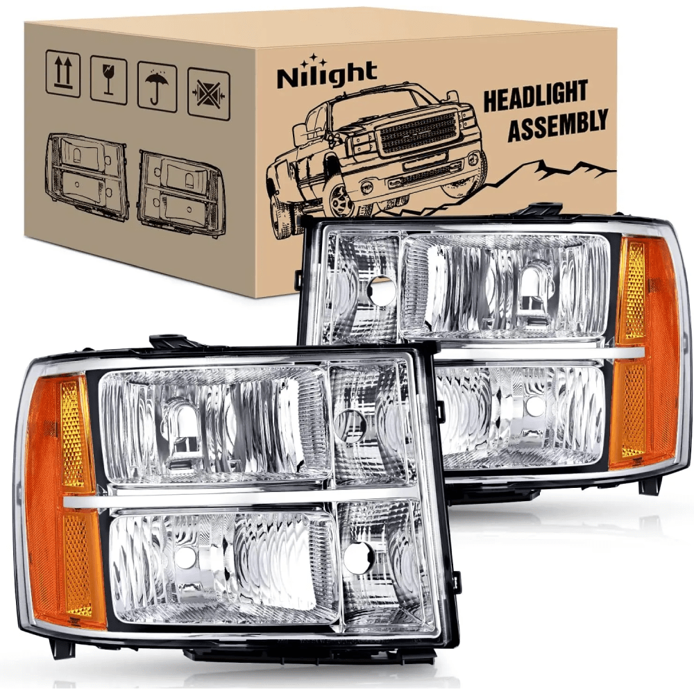 Nilight NA070 — Headlight Assembly Compatible for 2007 2008-2013 GMC Sierra 1500 2008-2014 GMC Sierra 2500 HD 3500 HD Chrome Housing Amber Corner Clear Lens, Headlights Assembly Replacement