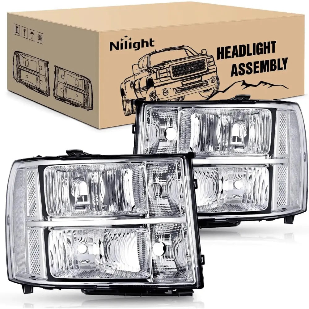 Nilight NA071 — Headlight Assembly Compatible for 2007 2008-2013 GMC Sierra 1500 2008-2014 GMC Sierra 2500 HD 3500 HD Chrome Housing Clear Corner Clear Lens, Headlights Assembly Replacement