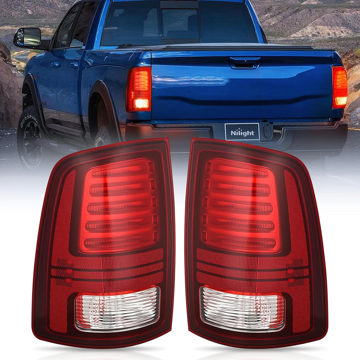 Nilight NA1187 — Taillight Assembly Compatible with 2013 2014 2015 2016 2017 2018 Dodge Ram 1500 2014-2018 Ram 2500 3500 LED Style Driver Side and Passenger Side Rear Tail Light with Bulbs