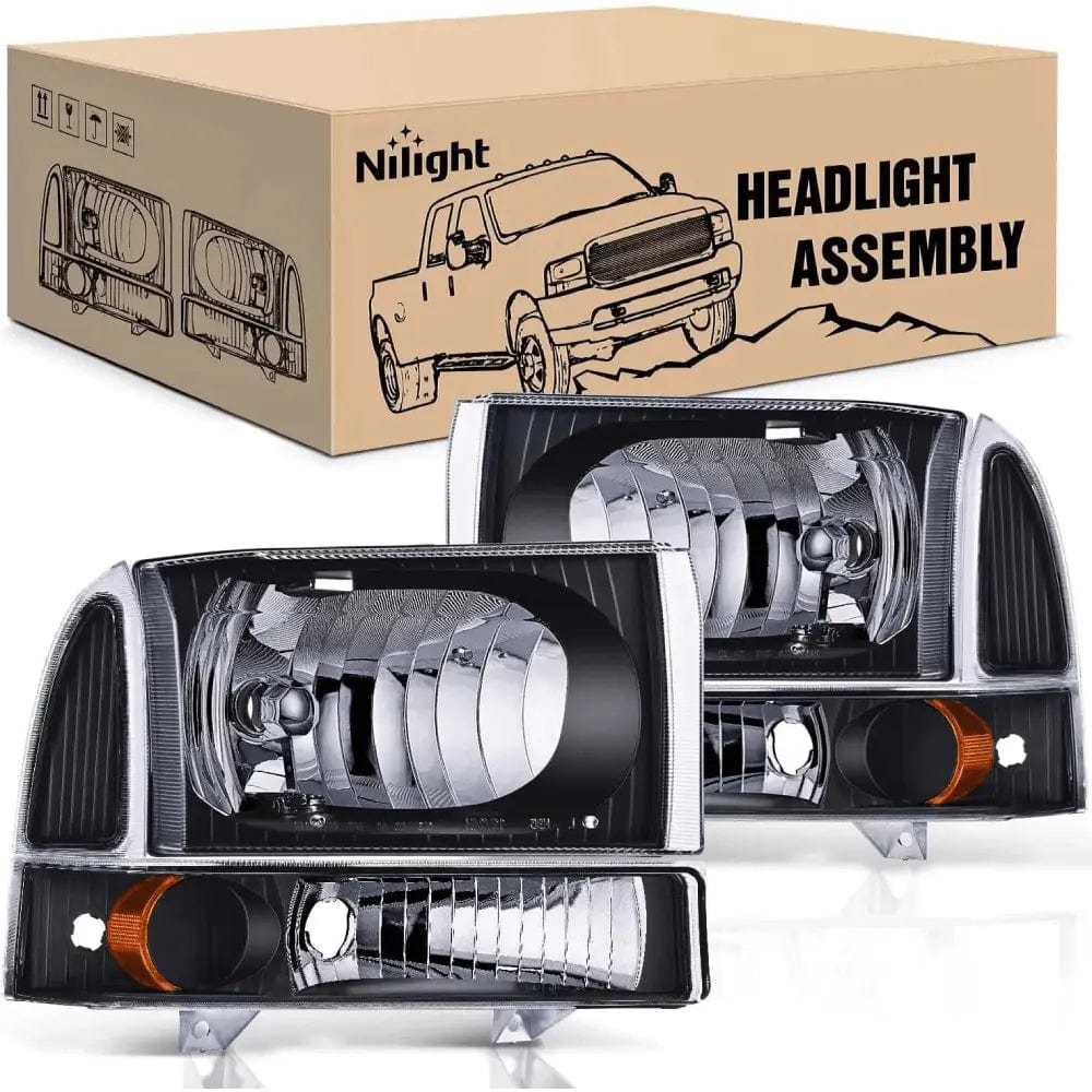 Nilight NA143 — Headlight Assembly Replacement 1999-2004 F250 F350 F450 F550 Super Duty Black Housing Amber Corner Clear Lens,Headlights Assembly,4 Pack