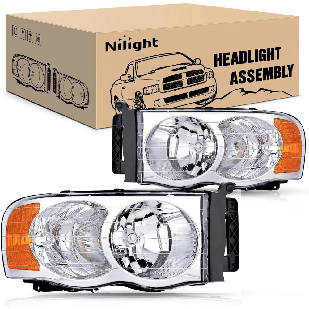 Nilight NA212 — 2002-2005 Ram 1500 2500 3500 Headlight Assembly Chrome Housing Amber Corner Clear Lens Headlamp Replacement Driver and Passenger Side 2 Pack