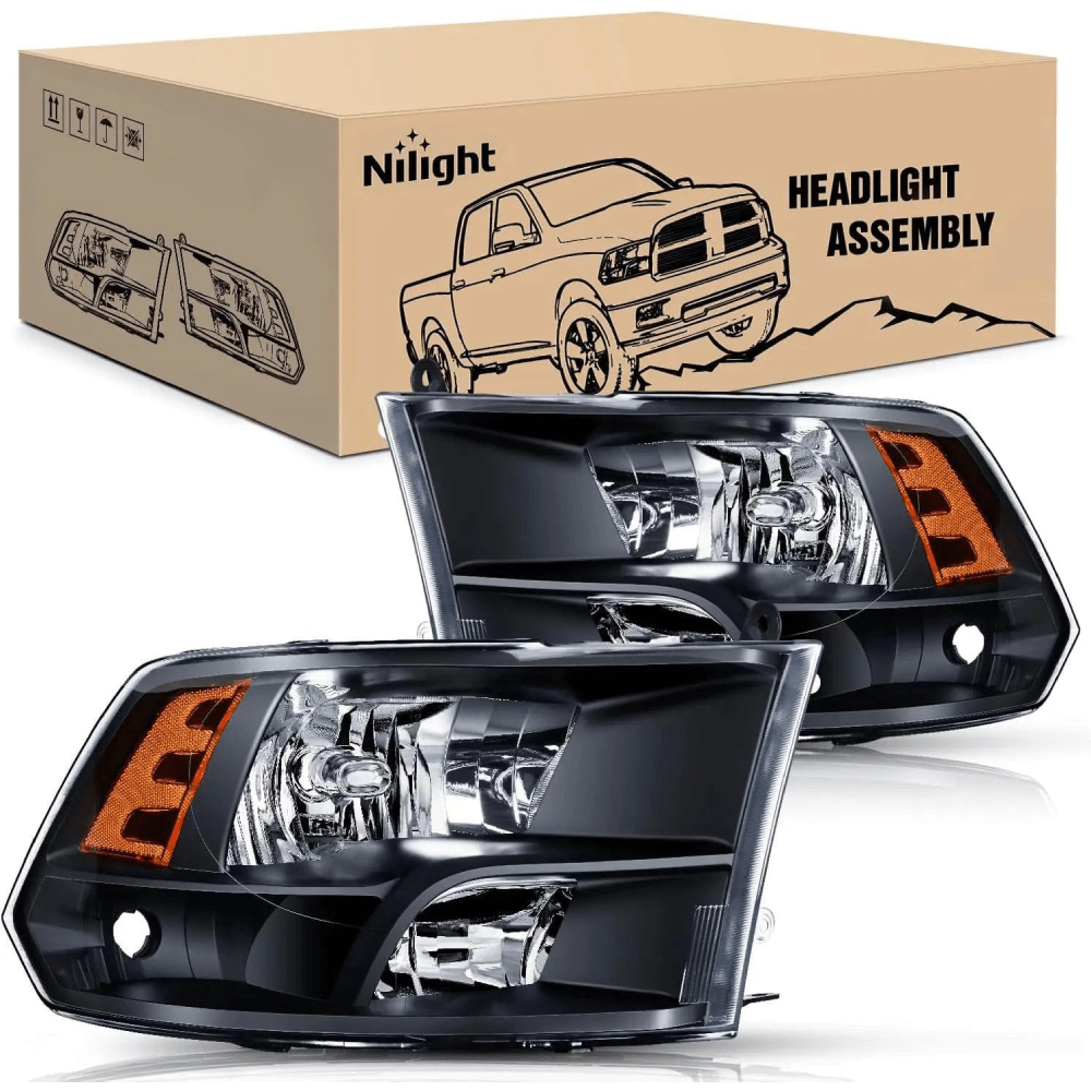 Nilight NA242 — Headlight Assembly 2009-2018 Ram 1500 2500 3500 Pickup Quad Headlamp Assembly Replacement Black Housing Amber Corner Clear Lens,(Only for Quad Models)