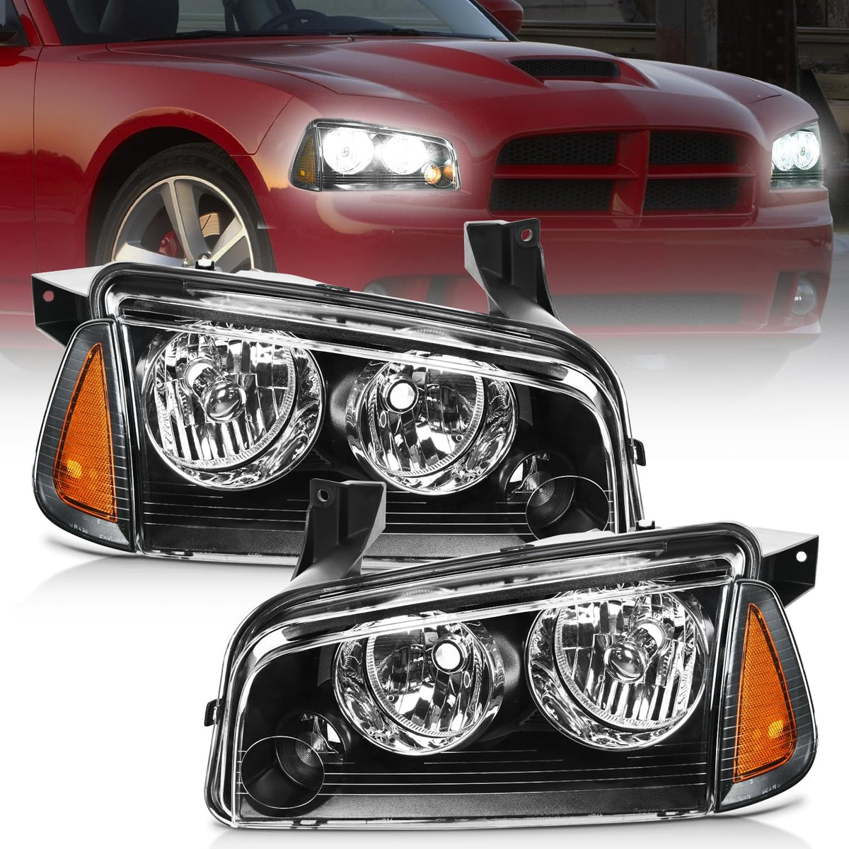 Nilight NA253 — Headlight Assembly Compatible with 2006 2007 2008 2009 2010 Dodge Charger Black Housing Amber Reflector Clear Lens Headlights Replacement Bumper Lamp Set Driver and Passenger Side