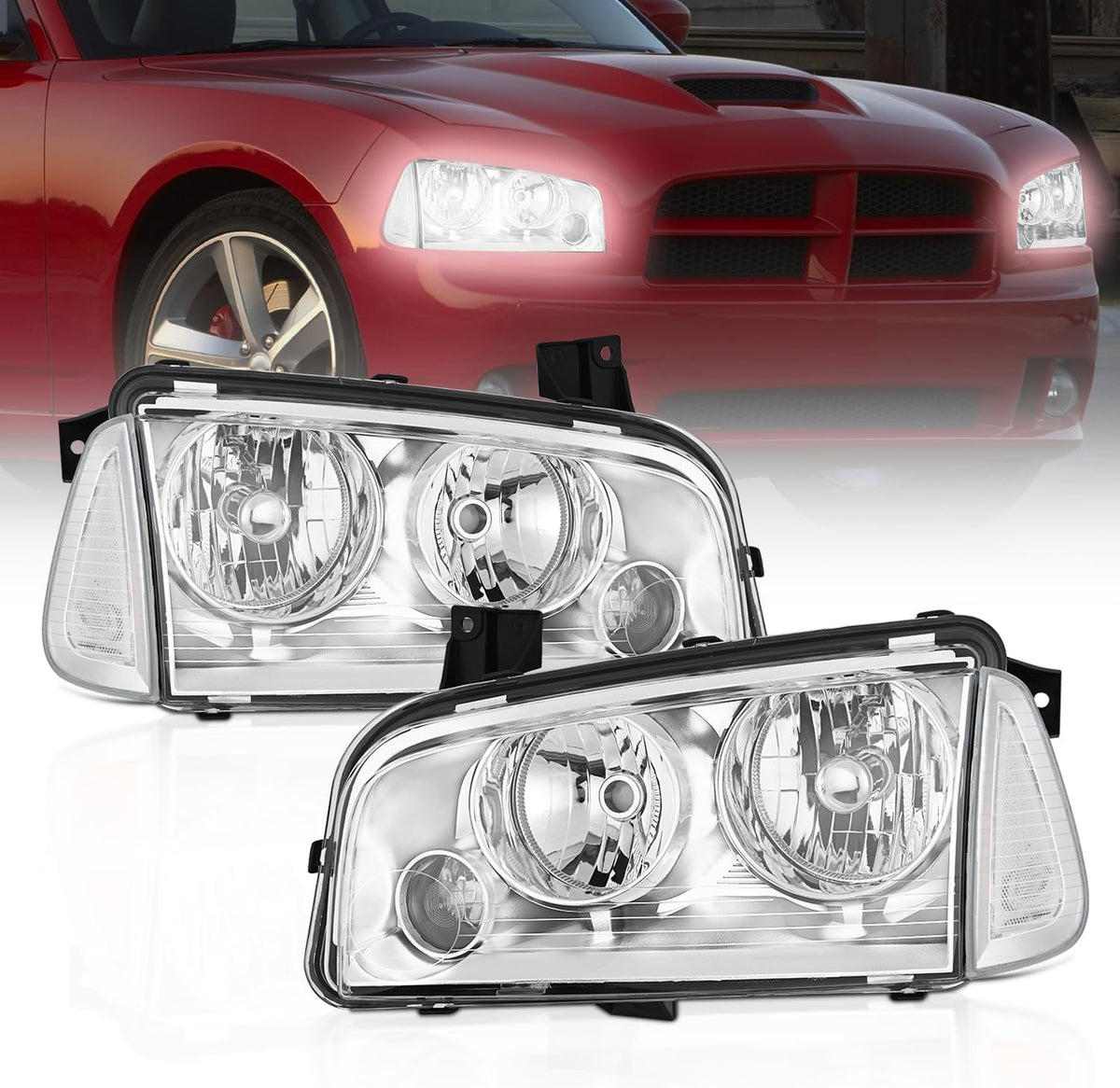 Nilight NA254 — Headlight Assembly Compatible with 2006 2007 2008 2009 2010 Dodge Charger Chrome Housing Clear Reflector Lens Headlights Replacement Bumper Lamp Set Driver and Passenger Side