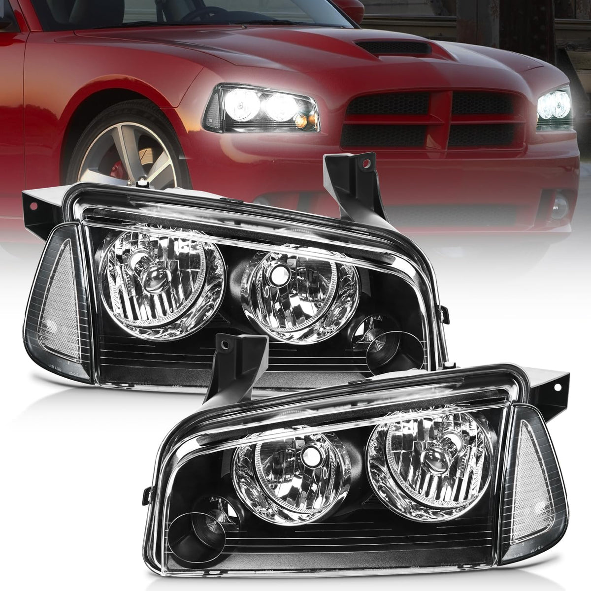 Nilight NA255 — Headlight Assembly Compatible with 2006 2007 2008 2009 2010 Dodge Charger Black Housing Clear Reflector Lens Headlights Replacement Bumper Lamp Set Driver and Passenger Side