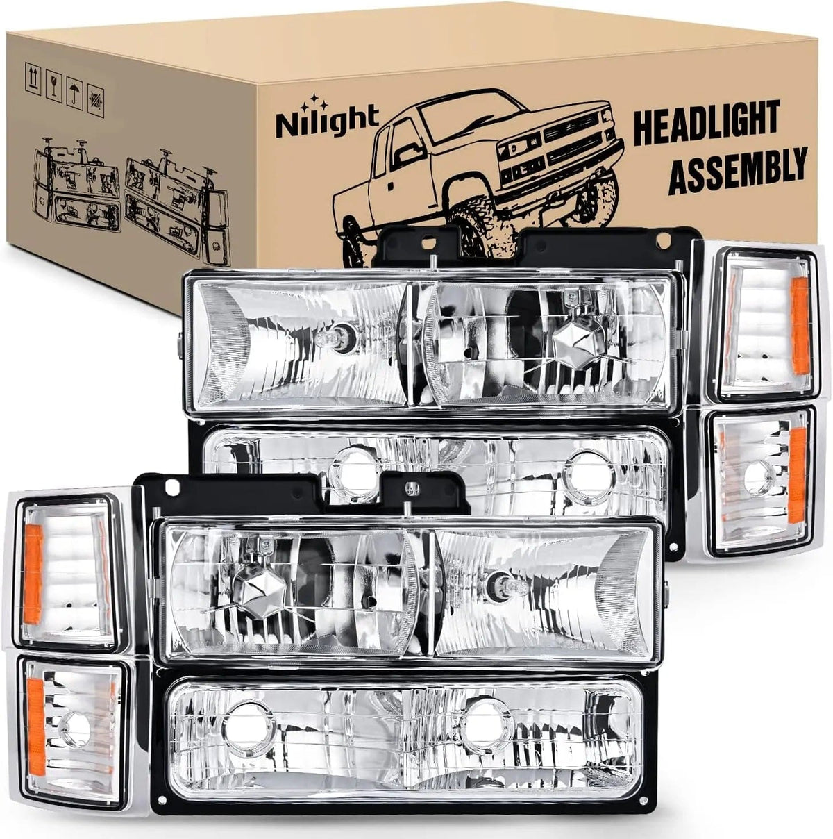Nilight NA630 — Headlight Assembly Compatible with 1994-1998 Chevy Silverado Tahoe Suburban C10 C/K 1500 2500 3500 Replacement Headlamp Chrome Housing Amber Reflector Bumper Corner Lamp