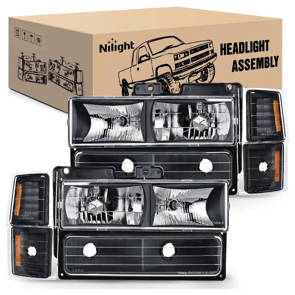 Nilight NA632 — Headlight Assembly for 1994-1998 Chevy Silverado Tahoe Suburban C10 C/K 1500 2500 3500 Replacement Headlamp Black Housing Amber Reflector Bumper Corner Lamp