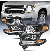 Headlight Assembly Compatible with 2015 2016 2017 2018 2019 2020 Chevy Tahoe Suburban Chrome Housing Amber Reflector Clear Lens Replacement Headlamp Driver and Passenger Side