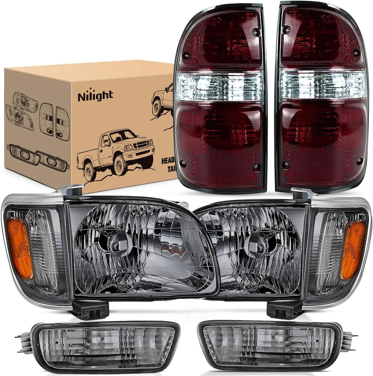 Nilight NA720 — Headlight and Taillight Assembly Combo Compatible with 2001 2002 2003 2004 Toyota Tacoma OE Style Chrome Housing Smoke Lens Amber Reflector with Dark Red Housing Tail Lights