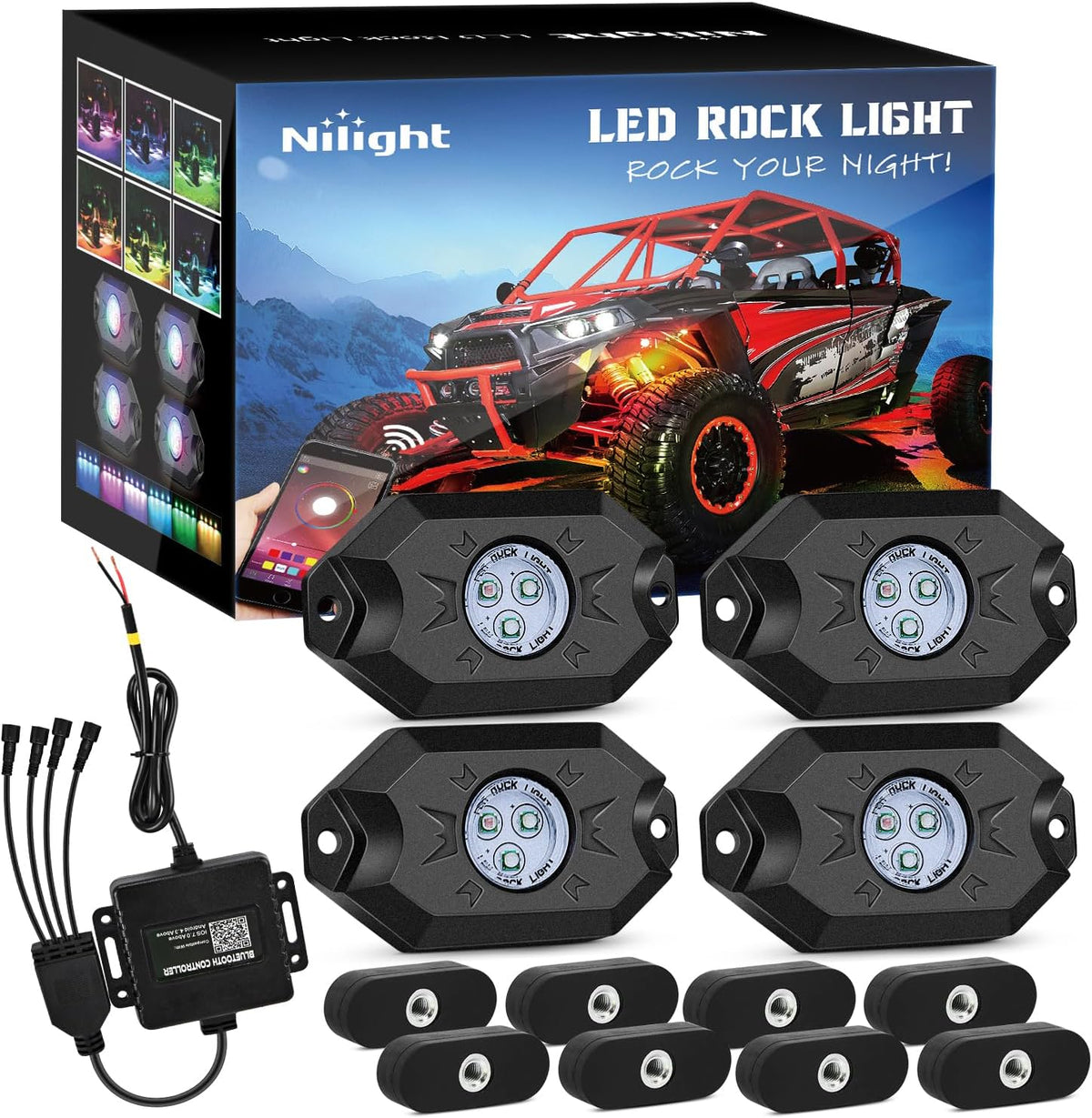 Nilight RGB Rock Lights with Magnetic Bases and App Control (4-Pack)