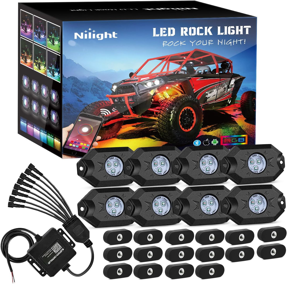 Nilight RGB Magnetic Rock Light Kit with Bluetooth App Control (8 Pods)