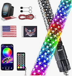 LED Fat Whip Light 1PC 3FT RGB Lighted Antenna Whips with Remote & App Control DIY Chasing Patterns Brake Reverse Lights